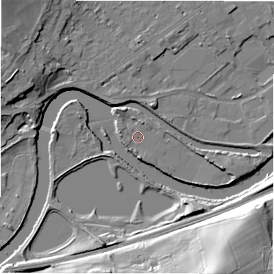 Shaded relief map of the ground around WF133LX, computed from Environment Agency LiDAR. The ground here sits at about 41 m above sea level and falls 37 m across the surrounding 800 m. Surface water reaching this point runs off ground lying to the north-west, 3.2 m higher.