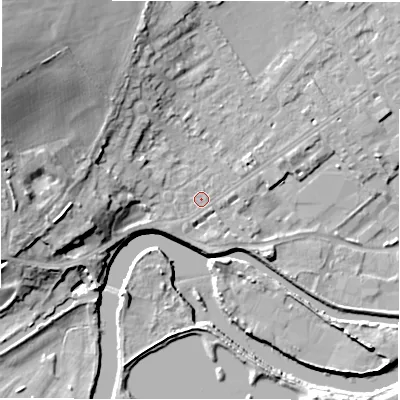 Shaded relief map of the ground around WF133LY, computed from Environment Agency LiDAR. The ground here sits at about 43 m above sea level and falls 26 m across the surrounding 800 m. Surface water reaching this point runs off ground lying to the west, 11.7 m higher.