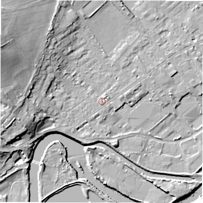 Shaded relief map of the ground around WF133LZ, computed from Environment Agency LiDAR. The ground here sits at about 43 m above sea level and falls 20 m across the surrounding 800 m. Surface water reaching this point runs off ground lying to the north-north-east, 1.7 m higher.