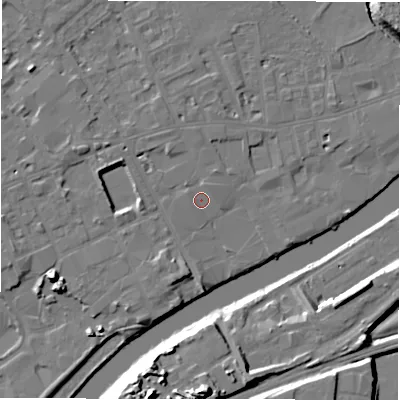 Shaded relief map of the ground around WF133NA, computed from Environment Agency LiDAR. The ground here sits at about 41 m above sea level and falls 20 m across the surrounding 800 m. Surface water reaching this point runs off ground lying to the north-west, 2.4 m higher.