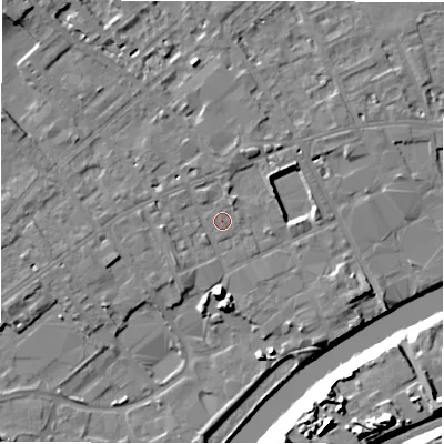 Shaded relief map of the ground around WF133NB, computed from Environment Agency LiDAR. The ground here sits at about 42 m above sea level and falls 22 m across the surrounding 800 m. Surface water reaching this point runs off ground lying to the north-north-east, 0.8 m higher.