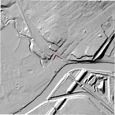 Shaded relief map of the ground around WF133RD, computed from Environment Agency LiDAR. The ground here sits at about 40 m above sea level and falls 32 m across the surrounding 800 m. Surface water reaching this point runs off ground lying to the north-east, 12.0 m higher.