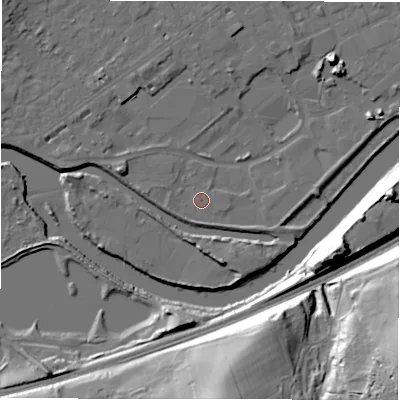 Shaded relief map of the ground around WF133SG, computed from Environment Agency LiDAR. The ground here sits at about 41 m above sea level and falls 39 m across the surrounding 800 m. Surface water reaching this point runs off ground lying to the west-south-west, 2.6 m higher.