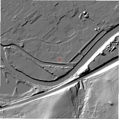 Shaded relief map of the ground around WF133SX, computed from Environment Agency LiDAR. The ground here sits at about 41 m above sea level and falls 48 m across the surrounding 800 m. Surface water reaching this point runs off ground lying to the north-east, 5.7 m higher.