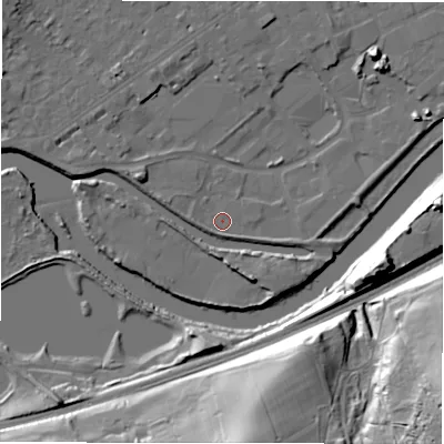 Shaded relief map of the ground around WF133SZ, computed from Environment Agency LiDAR. The ground here sits at about 41 m above sea level and falls 38 m across the surrounding 800 m. Surface water reaching this point runs off ground lying to the south-south-east, 2.4 m higher.