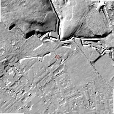 Shaded relief map of the ground around WF133TH, computed from Environment Agency LiDAR. The ground here sits at about 42 m above sea level and falls 22 m across the surrounding 800 m. Surface water reaching this point runs off ground lying to the north, 1.2 m higher.