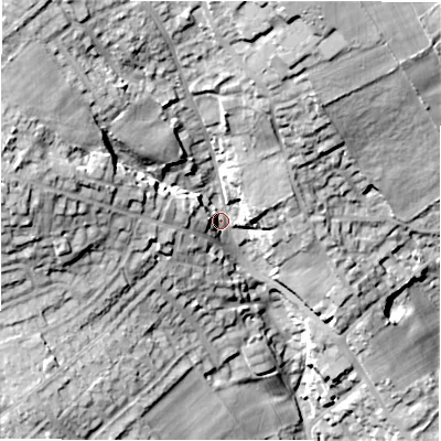 Shaded relief map of the ground around WF140AP, computed from Environment Agency LiDAR. The ground here sits at about 83 m above sea level and falls 35 m across the surrounding 800 m. Surface water reaching this point runs off ground lying to the north-west, 22.1 m higher.