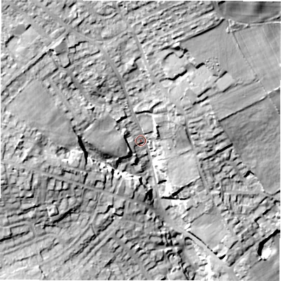 Shaded relief map of the ground around WF140AU, computed from Environment Agency LiDAR. The ground here sits at about 89 m above sea level and falls 34 m across the surrounding 800 m. Surface water reaching this point runs off ground lying to the north, 20.9 m higher.