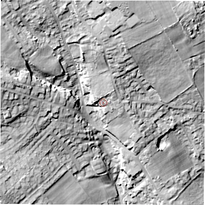 Shaded relief map of the ground around WF140AW, computed from Environment Agency LiDAR. The ground here sits at about 88 m above sea level and falls 36 m across the surrounding 800 m. Surface water reaching this point runs off ground lying to the north-north-east, 6.5 m higher.