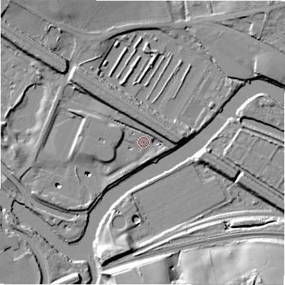 Shaded relief map of the ground around WF140BS, computed from Environment Agency LiDAR. The ground here sits at about 49 m above sea level and falls 27 m across the surrounding 800 m. Surface water reaching this point runs off ground lying to the north-north-west, 8.7 m higher.