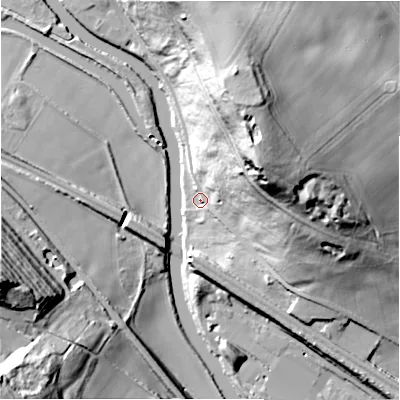 Shaded relief map of the ground around WF140BU, computed from Environment Agency LiDAR. The ground here sits at about 52 m above sea level and falls 51 m across the surrounding 800 m. Surface water reaching this point runs off ground lying to the north-east, 42.2 m higher.