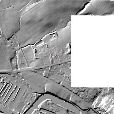 Shaded relief map of the ground around WF140BY, computed from Environment Agency LiDAR. The ground here sits at about 60 m above sea level and falls 48 m across the surrounding 800 m. Surface water reaching this point runs off ground lying to the north-east, 2.5 m higher.