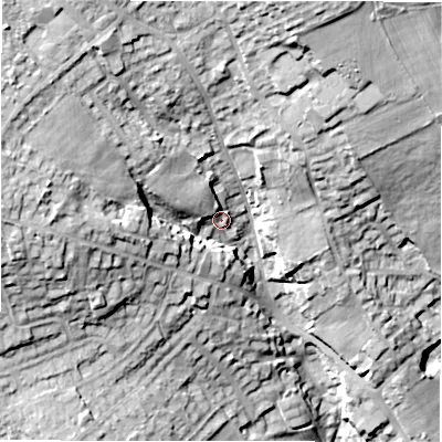 Shaded relief map of the ground around WF140DF, computed from Environment Agency LiDAR. The ground here sits at about 89 m above sea level and falls 36 m across the surrounding 800 m. Surface water reaching this point runs off ground lying to the west-north-west, 8.1 m higher.