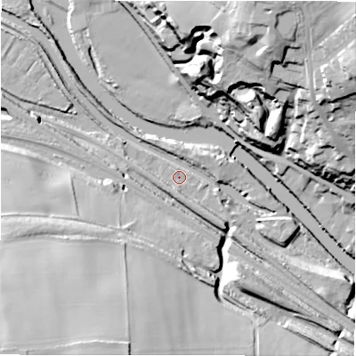 Shaded relief map of the ground around WF140EB, computed from Environment Agency LiDAR. The ground here sits at about 47 m above sea level and falls 59 m across the surrounding 800 m. Surface water reaching this point runs off ground lying to the south-east, 8.8 m higher.