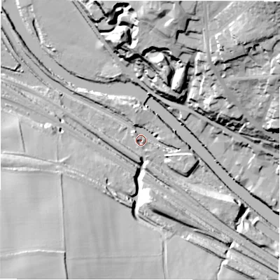 Shaded relief map of the ground around WF140ED, computed from Environment Agency LiDAR. The ground here sits at about 47 m above sea level and falls 58 m across the surrounding 800 m. Surface water reaching this point runs off ground lying to the east-south-east, 5.1 m higher.