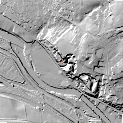 Shaded relief map of the ground around WF140EE, computed from Environment Agency LiDAR. The ground here sits at about 58 m above sea level and falls 65 m across the surrounding 800 m. Surface water reaching this point runs off ground lying to the north-north-east, 16.6 m higher.