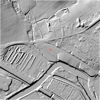 Shaded relief map of the ground around WF140EH, computed from Environment Agency LiDAR. The ground here sits at about 51 m above sea level and falls 32 m across the surrounding 800 m. Surface water reaching this point runs off ground lying to the north-east, 2.4 m higher.