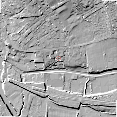Shaded relief map of the ground around WF148AD, computed from Environment Agency LiDAR. The ground here sits at about 50 m above sea level and falls 27 m across the surrounding 800 m. Surface water reaching this point runs off ground lying to the north-north-west, 4.2 m higher.