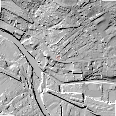 Shaded relief map of the ground around WF148AT, computed from Environment Agency LiDAR. The ground here sits at about 51 m above sea level and falls 31 m across the surrounding 800 m. Surface water reaching this point runs off ground lying to the north-north-east, 12.5 m higher.