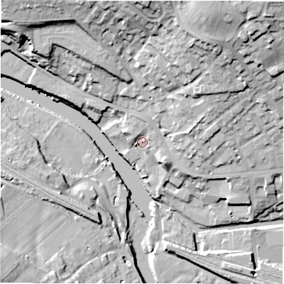 Shaded relief map of the ground around WF148BB, computed from Environment Agency LiDAR. The ground here sits at about 49 m above sea level and falls 34 m across the surrounding 800 m. Surface water reaching this point runs off ground lying to the north-north-east, 6.7 m higher.
