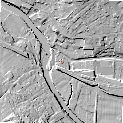 Shaded relief map of the ground around WF148BD, computed from Environment Agency LiDAR. The ground here sits at about 46 m above sea level and falls 37 m across the surrounding 800 m. Surface water reaching this point runs off ground lying to the south-west, 1.1 m higher.