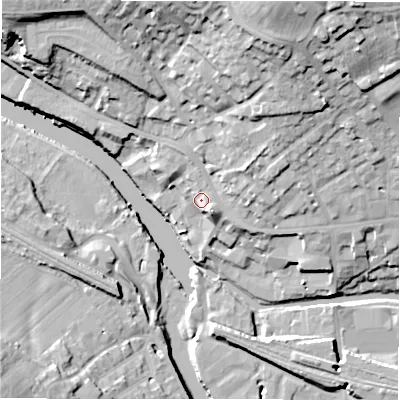Shaded relief map of the ground around WF148BE, computed from Environment Agency LiDAR. The ground here sits at about 50 m above sea level and falls 33 m across the surrounding 800 m. Surface water reaching this point runs off ground lying to the north-north-east, 16.0 m higher.