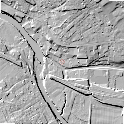 Shaded relief map of the ground around WF148BT, computed from Environment Agency LiDAR. The ground here sits at about 45 m above sea level and falls 29 m across the surrounding 800 m. Surface water reaching this point runs off ground lying to the north-east, 9.8 m higher.