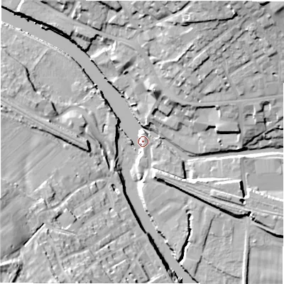 Shaded relief map of the ground around WF148DB, computed from Environment Agency LiDAR. The ground here sits at about 45 m above sea level and falls 37 m across the surrounding 800 m. Surface water reaching this point runs off ground lying to the north, 5.5 m higher.