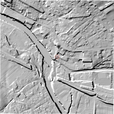 Shaded relief map of the ground around WF148DD, computed from Environment Agency LiDAR. The ground here sits at about 46 m above sea level and falls 31 m across the surrounding 800 m. Surface water reaching this point runs off ground lying to the east-north-east, 6.3 m higher.