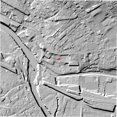 Shaded relief map of the ground around WF148DE, computed from Environment Agency LiDAR. The ground here sits at about 49 m above sea level and falls 27 m across the surrounding 800 m. Surface water reaching this point runs off ground lying to the east-north-east, 4.9 m higher.