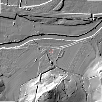 Shaded relief map of the ground around WF148HA, computed from Environment Agency LiDAR. The ground here sits at about 44 m above sea level and falls 47 m across the surrounding 800 m. Surface water reaching this point runs off ground lying to the south, 43.2 m higher.