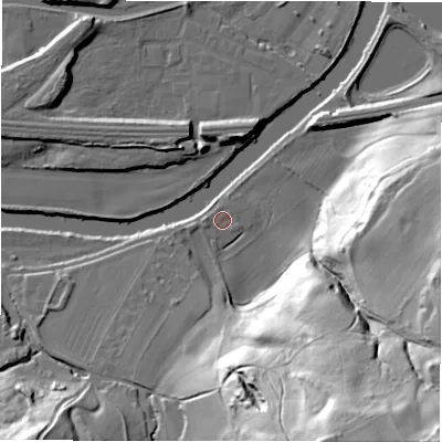 Shaded relief map of the ground around WF148HB, computed from Environment Agency LiDAR. The ground here sits at about 42 m above sea level and falls 66 m across the surrounding 800 m. Surface water reaching this point runs off ground lying to the south-south-east, 63.1 m higher.