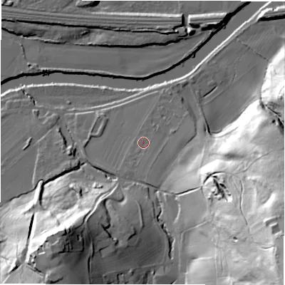 Shaded relief map of the ground around WF148HQ, computed from Environment Agency LiDAR. The ground here sits at about 47 m above sea level and falls 84 m across the surrounding 800 m. Surface water reaching this point runs off ground lying to the south-south-east, 2.9 m higher.