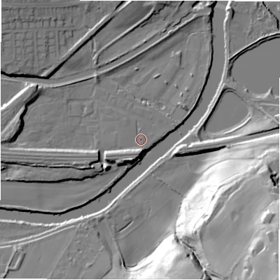 Shaded relief map of the ground around WF148HZ, computed from Environment Agency LiDAR. The ground here sits at about 43 m above sea level and falls 53 m across the surrounding 800 m. Surface water reaching this point runs off ground lying to the south-south-west, 4.5 m higher.