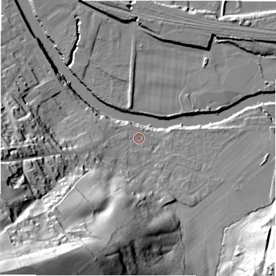 Shaded relief map of the ground around WF148LA, computed from Environment Agency LiDAR. The ground here sits at about 46 m above sea level and falls 92 m across the surrounding 800 m. Surface water reaching this point runs off ground lying to the south-west, 86.0 m higher.