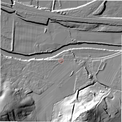 Shaded relief map of the ground around WF148LD, computed from Environment Agency LiDAR. The ground here sits at about 45 m above sea level and falls 61 m across the surrounding 800 m. Surface water reaching this point runs off ground lying to the south-west, 3.9 m higher.