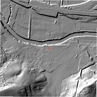 Shaded relief map of the ground around WF148LF, computed from Environment Agency LiDAR. The ground here sits at about 46 m above sea level and falls 80 m across the surrounding 800 m. Surface water reaching this point runs off ground lying to the south-south-west, 6.7 m higher.