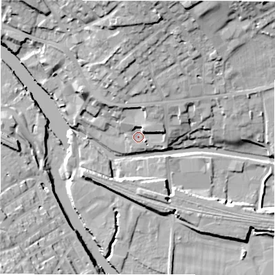 Shaded relief map of the ground around WF148LL, computed from Environment Agency LiDAR. The ground here sits at about 46 m above sea level and falls 24 m across the surrounding 800 m. Surface water reaching this point runs off ground lying to the east-north-east, 5.3 m higher.