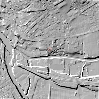 Shaded relief map of the ground around WF148LN, computed from Environment Agency LiDAR. The ground here sits at about 49 m above sea level and falls 25 m across the surrounding 800 m. Surface water reaching this point runs off ground lying to the north-north-east, 4.7 m higher.