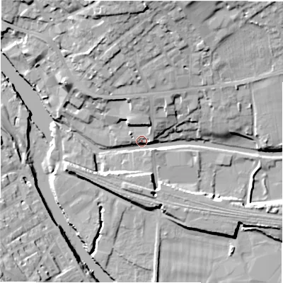 Shaded relief map of the ground around WF148LP, computed from Environment Agency LiDAR. The ground here sits at about 46 m above sea level and falls 23 m across the surrounding 800 m. Surface water reaching this point runs off ground lying to the north-north-west, 9.9 m higher.