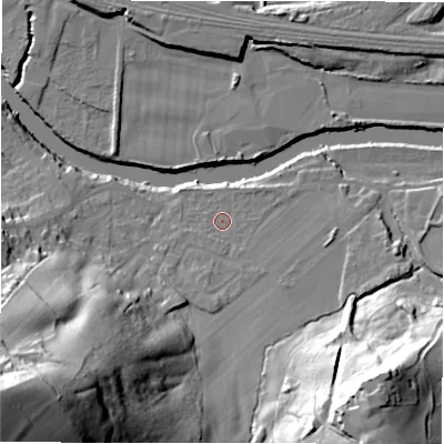 Shaded relief map of the ground around WF148LQ, computed from Environment Agency LiDAR. The ground here sits at about 46 m above sea level and falls 76 m across the surrounding 800 m. Surface water reaching this point runs off ground lying to the south, 4.9 m higher.