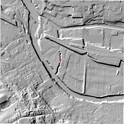 Shaded relief map of the ground around WF148LS, computed from Environment Agency LiDAR. The ground here sits at about 45 m above sea level and falls 58 m across the surrounding 800 m. Surface water reaching this point runs off ground lying to the west-north-west, 4.3 m higher.