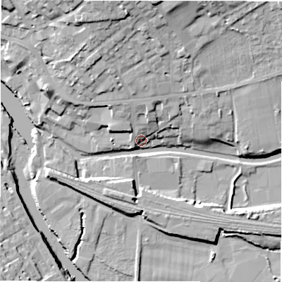 Shaded relief map of the ground around WF148LT, computed from Environment Agency LiDAR. The ground here sits at about 46 m above sea level and falls 23 m across the surrounding 800 m. Surface water reaching this point runs off ground lying to the north-west, 9.9 m higher.