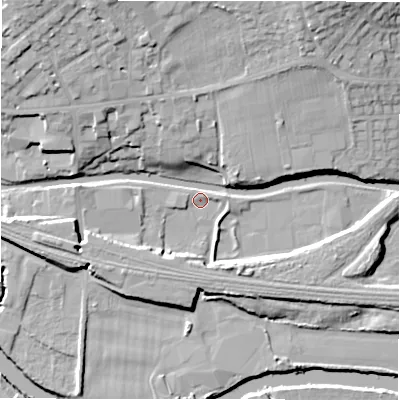 Shaded relief map of the ground around WF148LU, computed from Environment Agency LiDAR. The ground here sits at about 44 m above sea level and falls 20 m across the surrounding 800 m. Surface water reaching this point runs off ground lying to the north-north-east, 16.3 m higher.