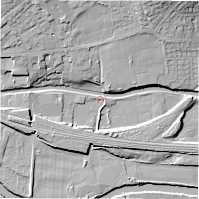 Shaded relief map of the ground around WF148LX, computed from Environment Agency LiDAR. The ground here sits at about 44 m above sea level and falls 20 m across the surrounding 800 m. Surface water reaching this point runs off ground lying to the north-north-east, 16.3 m higher.