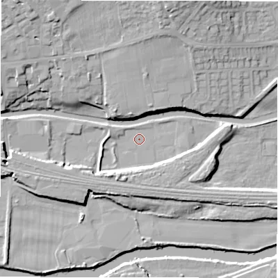 Shaded relief map of the ground around WF148LY, computed from Environment Agency LiDAR. The ground here sits at about 43 m above sea level and falls 18 m across the surrounding 800 m. Surface water reaching this point runs off ground lying to the south-west, 6.3 m higher.