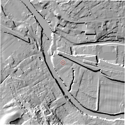 Shaded relief map of the ground around WF148LZ, computed from Environment Agency LiDAR. The ground here sits at about 45 m above sea level and falls 51 m across the surrounding 800 m. Surface water reaching this point runs off ground lying to the west-north-west, 0.9 m higher.