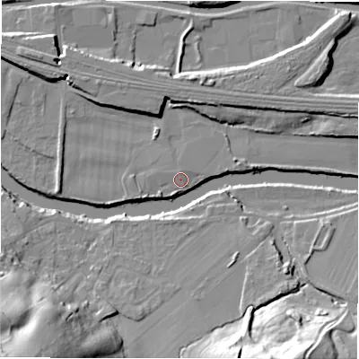 Shaded relief map of the ground around WF148NA, computed from Environment Agency LiDAR. The ground here sits at about 44 m above sea level and falls 51 m across the surrounding 800 m. Surface water reaching this point runs off ground lying to the west-south-west, 2.1 m higher.