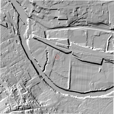 Shaded relief map of the ground around WF148NG, computed from Environment Agency LiDAR. The ground here sits at about 44 m above sea level and falls 52 m across the surrounding 800 m. Surface water reaching this point runs off ground lying to the north, 1.1 m higher.