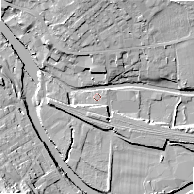 Shaded relief map of the ground around WF148NH, computed from Environment Agency LiDAR. The ground here sits at about 45 m above sea level and falls 29 m across the surrounding 800 m. Surface water reaching this point runs off ground lying to the south-south-west, 4.4 m higher.